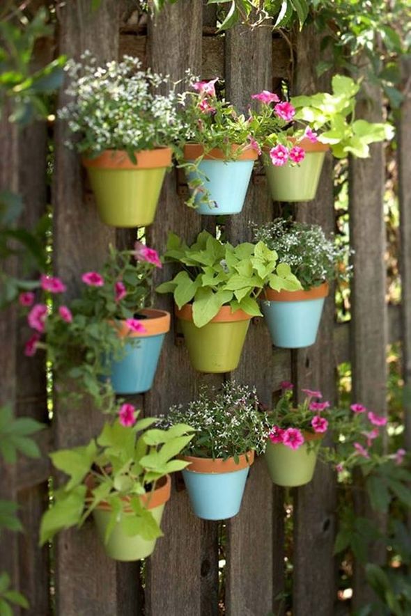 #10. Make a vertical garden with tiny planters mounted on a fence - 12 DIY Garden Hacks to Take Your Backyard to the Next Level