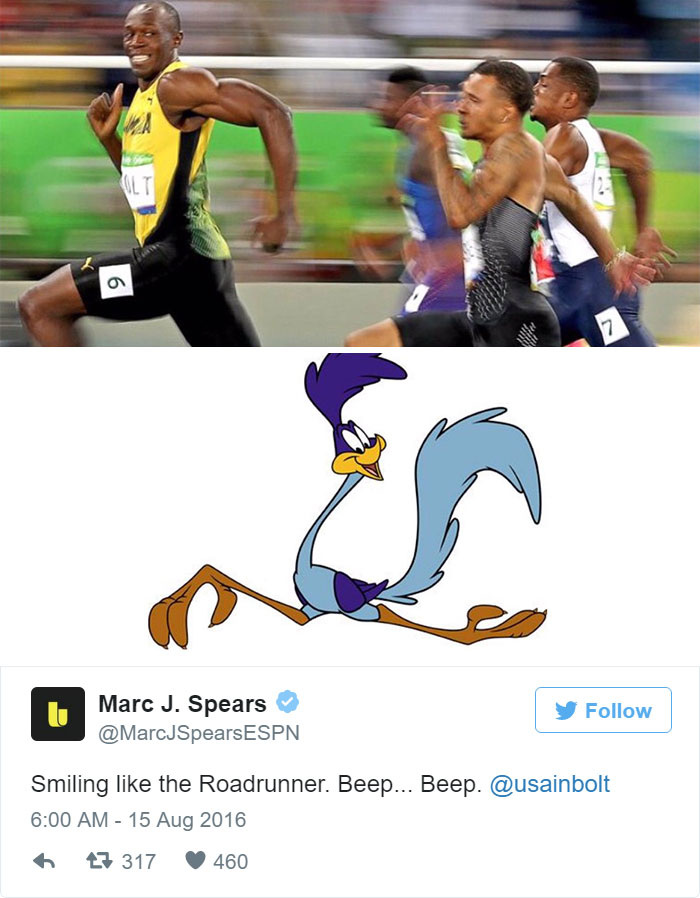 Usain Bolt's crazy winning smile reminds us of the 90's Roadrunner who runs with a crazy smile and his iconic Beep! Beep!.. imitation. 